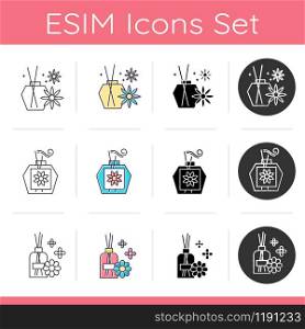 Aromatherapy icons set. Floral scented sticks. Blossom air freshener. Relaxation and stress relief aid. Female selfcare. Flat design, linear, black and color styles. Isolated vector illustrations