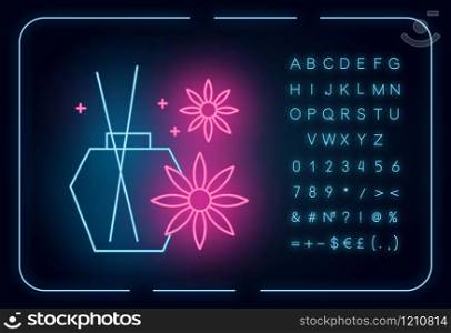 Aromatherapy neon light icon. Blossom scented sticks. Essential oils in glass jar. Selfcare and wellness. Glowing sign with alphabet, numbers and symbols. Vector isolated illustration