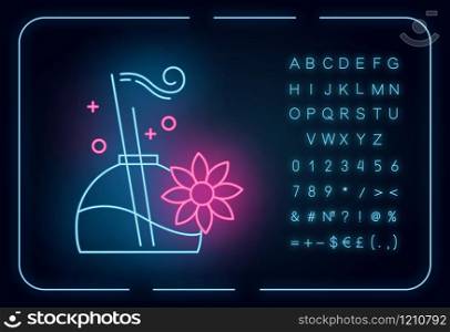 Aromatherapy neon light icon. Floral scent. Essential oils. Aromatic sticks. Female selfcare. Therapeutic product. Glowing sign with alphabet, numbers and symbols. Vector isolated illustration