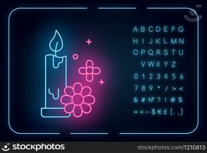 Aromatherapy neon light icon. Floral scented candle. Perfumed air freshener. Spa product for meditation. Glowing sign with alphabet, numbers and symbols. Vector isolated illustration