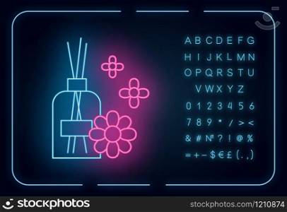 Aromatherapy neon light icon. Scented sticks. Air floral freshener. Female selfcare. Blossom aroma. Essential oils. Glowing sign with alphabet, numbers and symbols. Vector isolated illustration