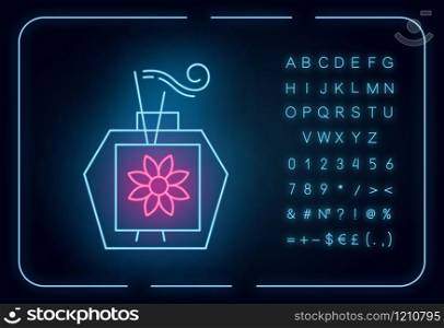 Aromatherapy neon light icon. Scented sticks in glass jar. Essential oils for relaxation. Selfcare and wellness. Glowing sign with alphabet, numbers and symbols. Vector isolated illustration