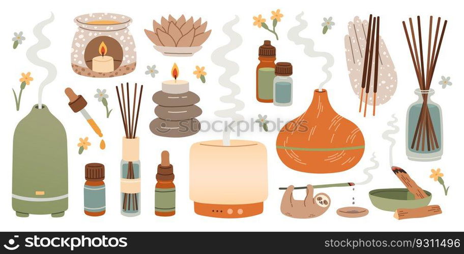 Aromatherapy set. Aroma l&s of different shapes and sizes. Aromatic oil. Ayurveda Aromatic therapy. Vector illustration