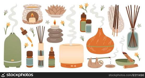 Aromatherapy set. Aroma l&s of different shapes and sizes. Aromatic oil. Ayurveda Aromatic therapy. Vector illustration
