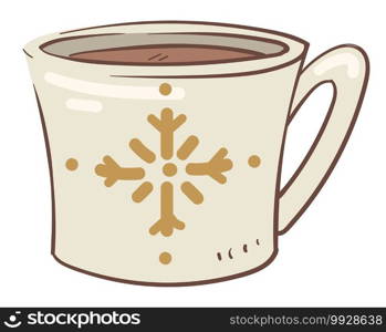 Aromatic coffee or tea poured in cup with snowflake print. Isolated mug with hot beverage. Delicious drink with cinnamon and herbs or caffeine. New year and christmas time. Vector in flat style. Cup of hot coffee or aromatic tea vector