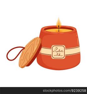 Aromatic spa candle in ceramic jar with lid. Isolated vector fragrant candlelight emanates pleasant scent to fill room with soothing ambiance and creates warm atmosphere for relaxation or meditation. Aromatic spa vector candle in ceramic jar with lid