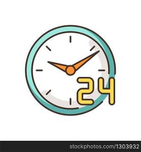 Around the clock service RGB color icon. 24 7 hour customer support. Circle watch dial badge. Twenty four seven hours commerce. Every day available. Retail industry. Isolated vector illustration