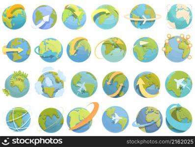 Around the world icons set cartoon vector. Globe world. Earth around. Around the world icons set cartoon vector. Globe world