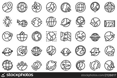 Around the world icons set outline vector. Globe world. Arrow wire. Around the world icons set outline vector. Globe world