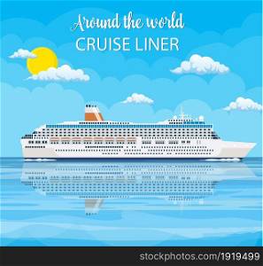 Around the World. Travel Industry. Cruise Liner Passenger Ship. Sea Voyage. Vector illustration flat style. Around the World. Travel Industry.