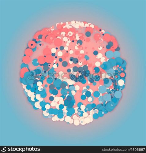Array of colorful circles with shadows in form of sphere. Abstract background. Paper cut pieces. Vector dot sphere illustration