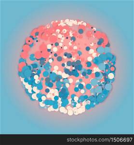 Array of colorful circles with shadows in form of sphere. Abstract background. Paper cut pieces. Vector dot sphere illustration