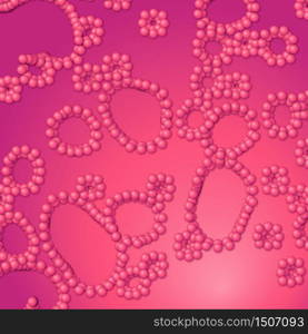 Array of spheres with soft shadows on the crimson background. Abstract background with organic structures.