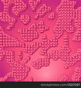 Array of spheres with soft shadows on the crimson background. Abstract background with organic structures.
