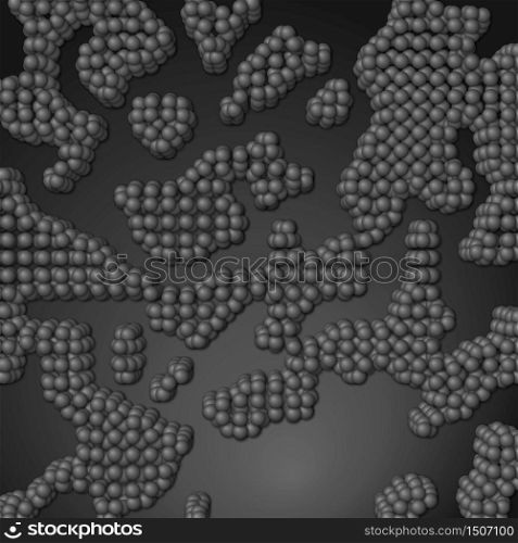 Array of spheres with soft shadows on the dark background. Abstract grayscale background with organic structures.