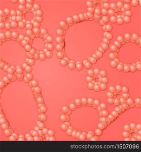 Array of spheres with soft shadows on the light red background. Abstract background with organic structures.