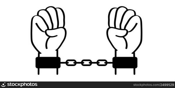 Arrest. Chain of slavery, hand in handcuffs. Broken, chained, handcuffed hands. Slave iron, prisoner, problems, convict, freedom, debt, addiction liberty, liberation, slavery or bad habits. Shackle. 