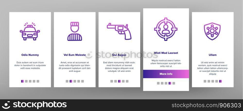 Arrest Onboarding Mobile App Page Screen Vector Thin Line. Police Car, Alarm Siren And Hat, Gun And Badge, Prison And Handcuffs Arrest Equipment Linear Pictograms. Illustrations. Arrest Onboarding Vector