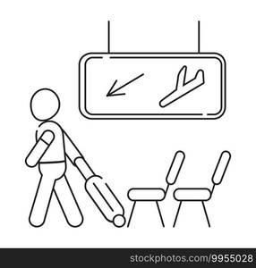 Arrival area icon vector. Airport transit zone sign in outline style is shown. Man pulling suitcase. Dashboard with airline and arrow down.. Arrival area icon vector. Airport transit zone sign in outline style is shown. Man pulling suitcase. Dashboard with airline