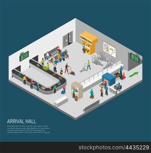 Arrival Hall Airport Poster. Airport inside poster of scene in arrival hall people getting baggage and pass control isometric vector illustration