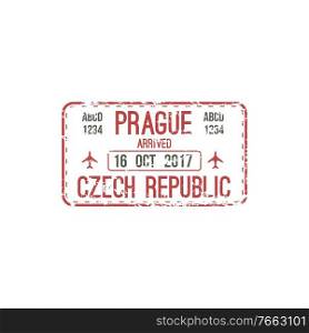 Arrival st&to Prague, Czech Republic isolated seal in passport. Vector travel by plane, official immigration sign. Prague airport arrival immigration visa st&