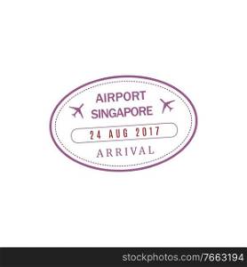 Arrival visa to Singapore airport, vector oval st&isolated icon. Passport control sign. Singapore airport st&isolated icon