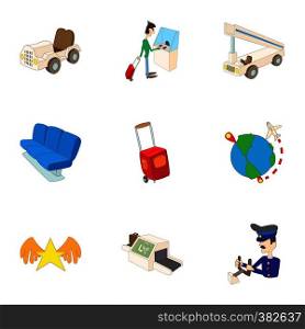 Arrive at airport icons set. Cartoon illustration of 9 arrive at airport vector icons for web. Arrive at airport icons set, cartoon style