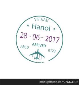 Arrived to Hanoi visa st&in passport isolated. Vector Vietnam border control document. Vietnam border control visa isolated Hanoi st&