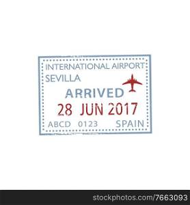 Arrived to international airport Sevilla isolated st&. Vector travel to Spain, date and plane. Seville airport arrival visa st&Sevilla isolate