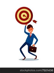Arrow achieved target, vector happy businessman with briefcase reached goal. Happy executive worker in suit made perfect shot, gained dreamed and planned. Arrow Achieved Target, Vector Happy Businessman