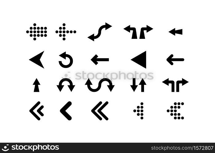 Arrow. Arrows vector icons collection. Black arrows icons, isolated on white background. Cursor in a row and flat design. Vector illustration