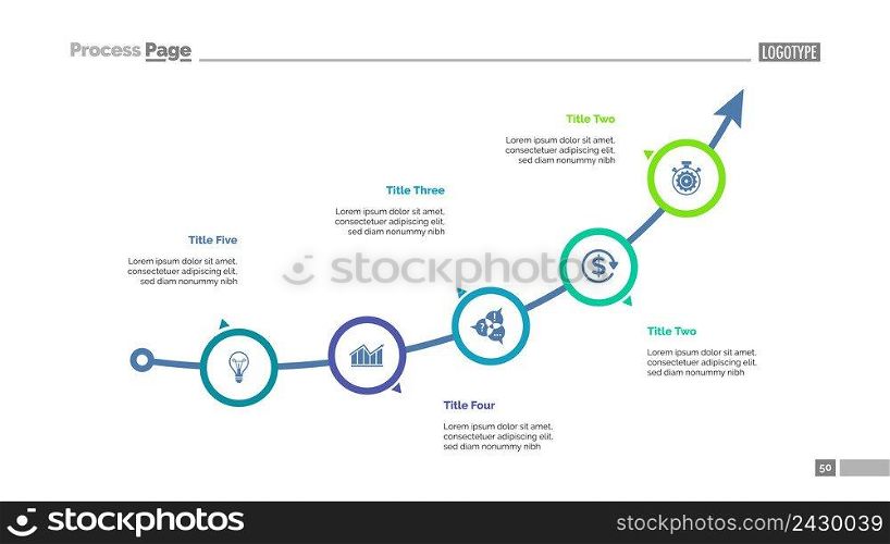 Arrow chart with five elements. Process diagram, graph, layout. Creative concept for infographics, presentation, project, report. Can be used for topics like business, analysis, startup
