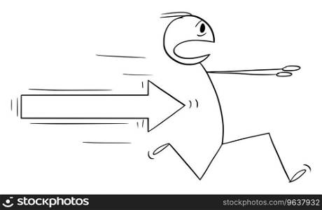 Arrow chasing businessman or person, vector cartoon stick figure or character illustration.. Person Running Away from Arrow, Vector Cartoon Stick Figure Illustration