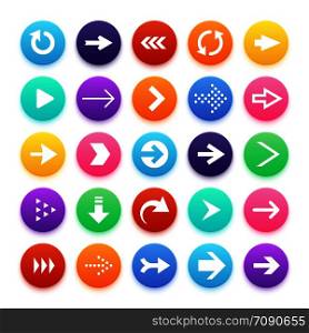 Arrow color web button icons. Arrowhead and repeat, direction vector website symbols. Navigation in colored circle, cursor and arrowheads interface illustration. Arrow color web button icons. Arrowhead and repeat, direction vector website symbols