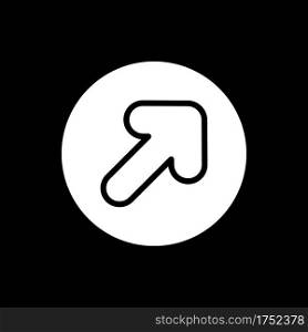 Arrow dark mode glyph icon. Showing path for user. Direction traffic sign. Phone screen menu element. Smartphone UI button. White silhouette symbol on black space. Vector isolated illustration. Arrow dark mode glyph icon