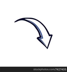 Arrow designed pointer with sharp top, back and down direction of swirl curved arrowhead. Isolated icon monochrome outline handdrawn sketch vector. Arrow Designed Pointer Back Down Isolated Vector