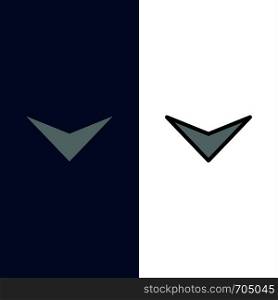 Arrow, Down, Next Icons. Flat and Line Filled Icon Set Vector Blue Background