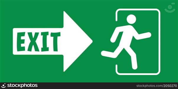 Arrow exit route. Sgnpost leave or enter. Emergency exit sign. Evacuation fire escape door. Flat vector green icon or pictogram. Symbol of fire exigency