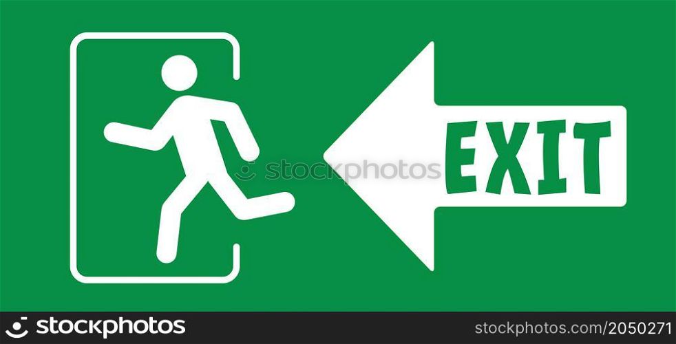 Arrow exit route. Signpost leave or enter. Emergency exit sign. Evacuation fire escape door. Flat vector green icon or pictogram. Symbol of fire exigency