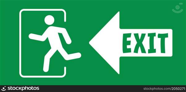 Arrow exit route. Signpost leave or enter. Emergency exit sign. Evacuation fire escape door. Flat vector green icon or pictogram. Symbol of fire exigency