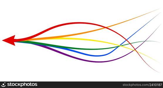 arrow formed by multiple merging lgbt pride colourful lines on white background. Partnership, merger, alliance and integration concept