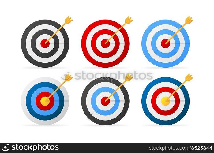 Arrow hit goal ring in archery target. Target icon set. Vector illustration.. Arrow hit goal ring in archery target. Target icon set. Vector illustration