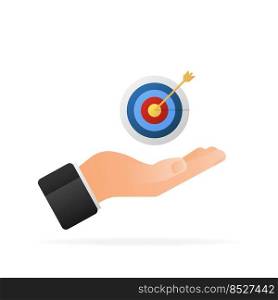 Arrow hit goal ring with hand in archery target. Vector illustration.. Arrow hit goal ring with hand in archery target. Vector illustration