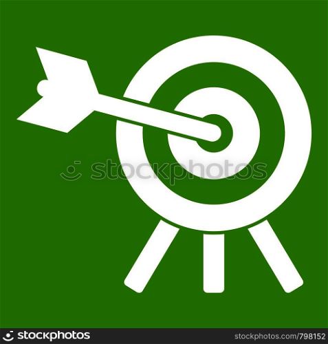 Arrow hit the target icon white isolated on green background. Vector illustration. Arrow hit the target icon green