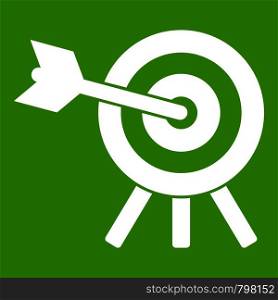 Arrow hit the target icon white isolated on green background. Vector illustration. Arrow hit the target icon green
