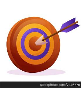 Arrow hit to center of target. Business goal, focus to success. Vector isolated illustration on white background with shadow. Red, yellow and violet colors.. Arrow hit to center of target. Business goal, focus to success. Vector isolated illustration on white background with shadow. Red, yellow and violet colors