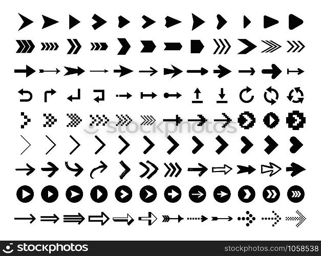 Arrow Icon. Infographic arrows sign, next or back web button and right pointer. Direction glyph arrowheads navigation or download black buttons vector silhouette isolated icons set. Arrow Icon. Infographic arrows sign, next or back web button and right pointer vector silhouette icons set
