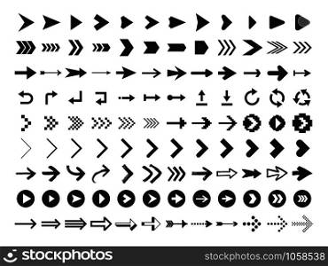 Arrow Icon. Infographic arrows sign, next or back web button and right pointer. Direction glyph arrowheads navigation or download black buttons vector silhouette isolated icons set. Arrow Icon. Infographic arrows sign, next or back web button and right pointer vector silhouette icons set