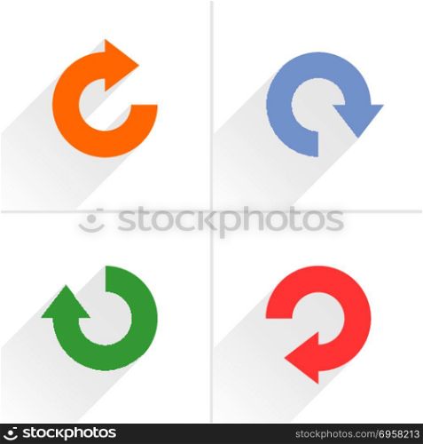 Arrow icon refresh, reset, repeat, reload sign. 4 arrow icon refresh, rotation, reset, repeat, reload sign set 04. Orange, blue, green, red colors pictogram with gray long shadow on white background. Simple flat style vector illustration