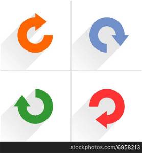 Arrow icon refresh, reset, repeat, reload sign. 4 arrow icon refresh, rotation, reset, repeat, reload sign set 04. Orange, blue, green, red colors pictogram with gray long shadow on white background. Simple flat style vector illustration